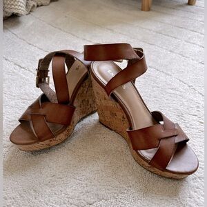 Express Brown Cognac Cork Wedge Sandals Womens Size 7